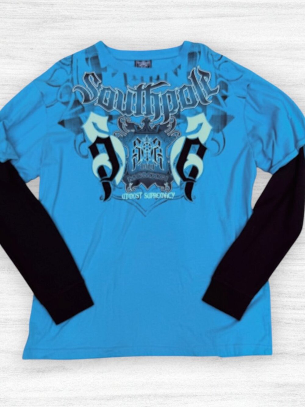 Southpole Y2K Blue Black Double Layer 3D Applique Graphic Long Sleeve Shirt XL